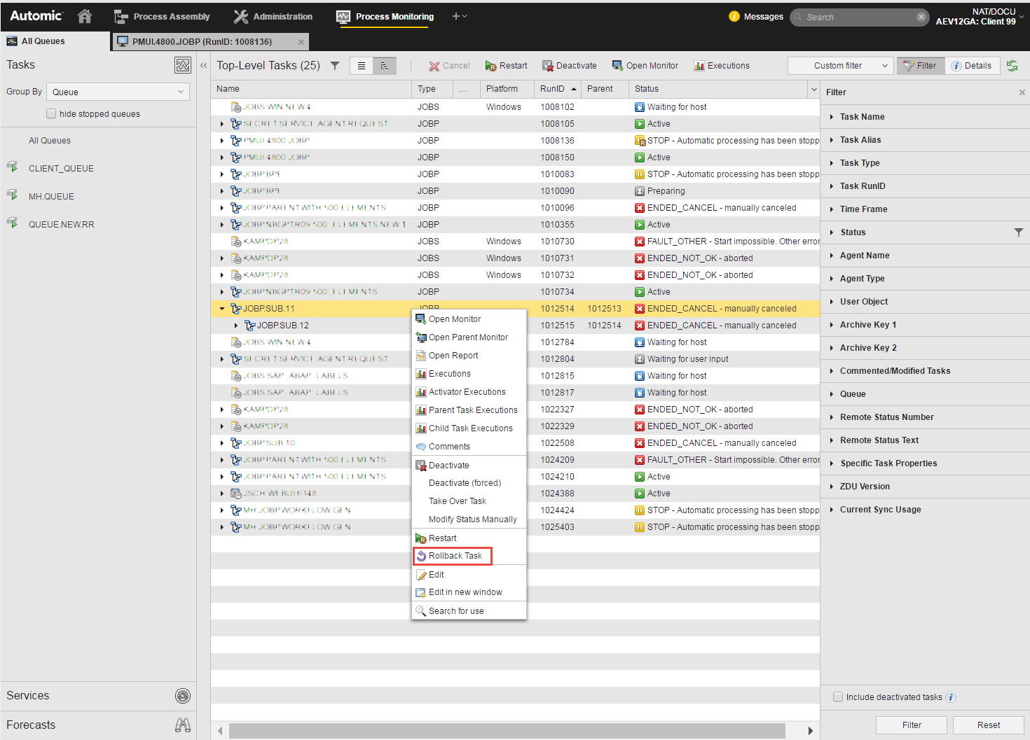 Processing a Rollback